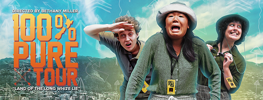Three tour guides make exaggerated faces of fear, curiosity, and joy in front of the Wellington cityscape